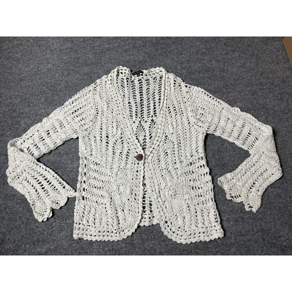 By Design Cardigan Sweater Womens XL White Metallic Crochet Open Knit Boho